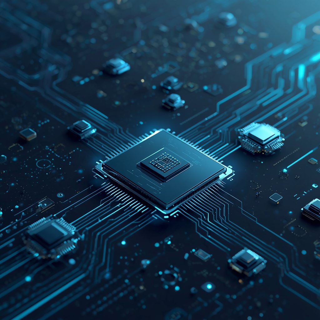 Nano Banana2 prompt: A modern abstract composition of floating computer microchips and data streams, dark slate background with cyan and blue glowing accents, highly detailed 3D render, no humans